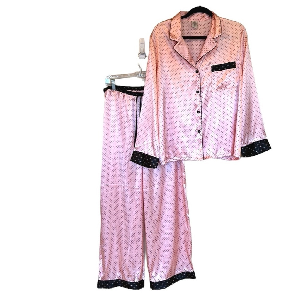 In Bloom by Jonquil Satin full 2 Pc Pajama Set Pink/black dots Sz XL
